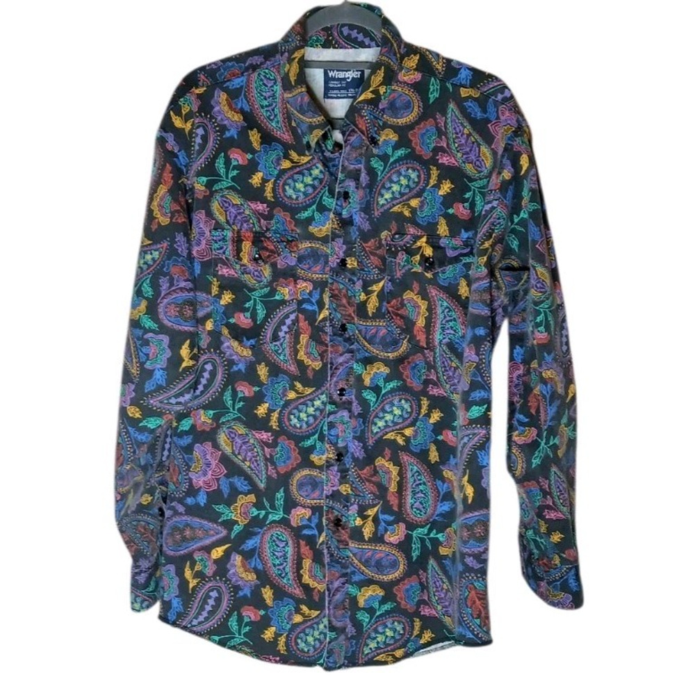 Wrangler Cowboy Cut Western Shirt Mens XL Paisley X Long Tails‎ Neck 17.5" Vtg.